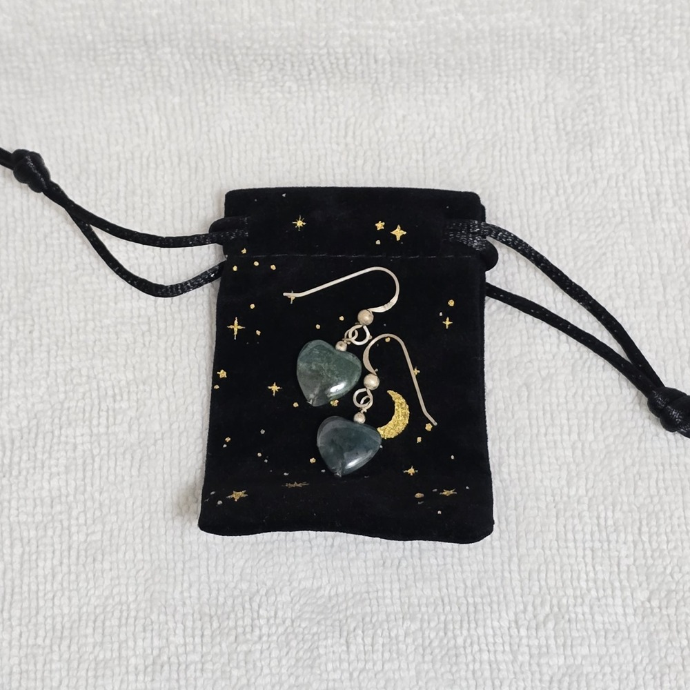 VTG Moss Agate Heart Earrings 925 Sterling Silver Dangle 1.25"